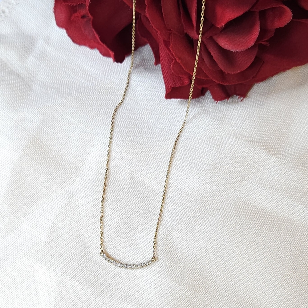 Vintage Dainty Crystal Curve Bar Gold Necklace - Picture 2 of 16